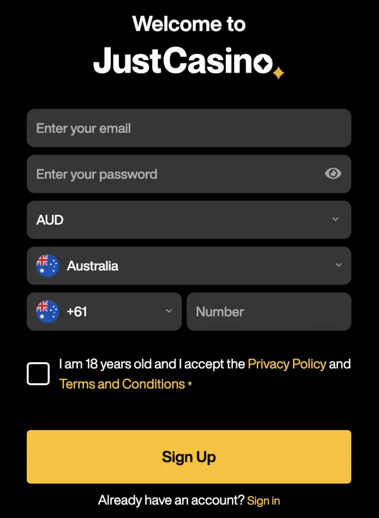 Just Casino Registration Process